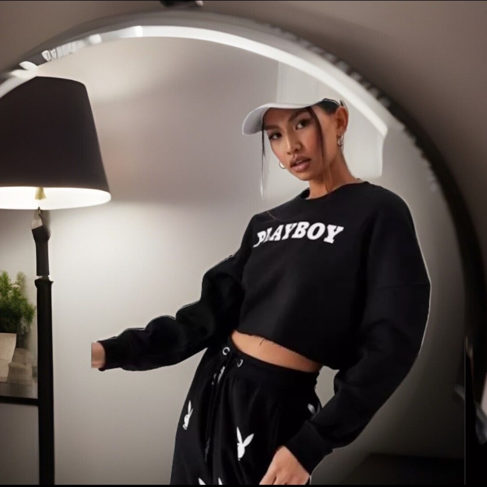 PLAYBOY Black Long Sleeve Crop Hooded W/ PLAYBOY On Front Sweatshirt